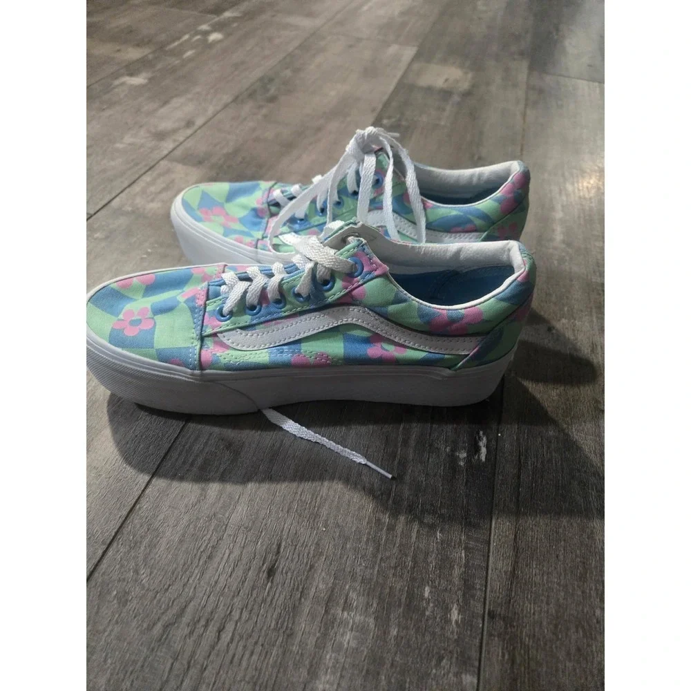 VANS Old Skool Stackform Women's Blue Green Floral Retro Platform Sneakers Sz7.5